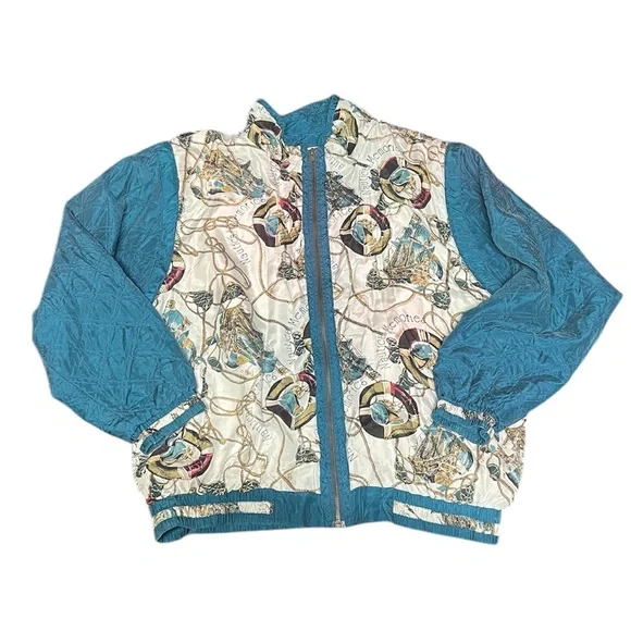 Vintage 80s Nautical Silk Bomber Jacket XL Sailing Ship Boat Vest Jacket Combo